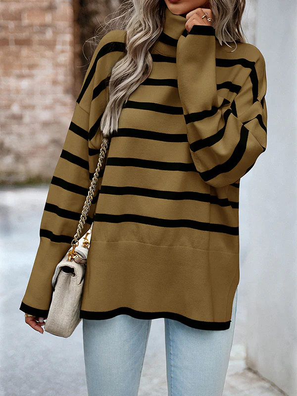 Long Sleeves Loose Contrast Color Split-Side Striped High Neck Pullovers Sweater Tops - Image 3