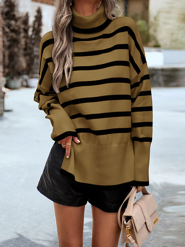 Long Sleeves Loose Contrast Color Split-Side Striped High Neck Pullovers Sweater Tops - Image 4