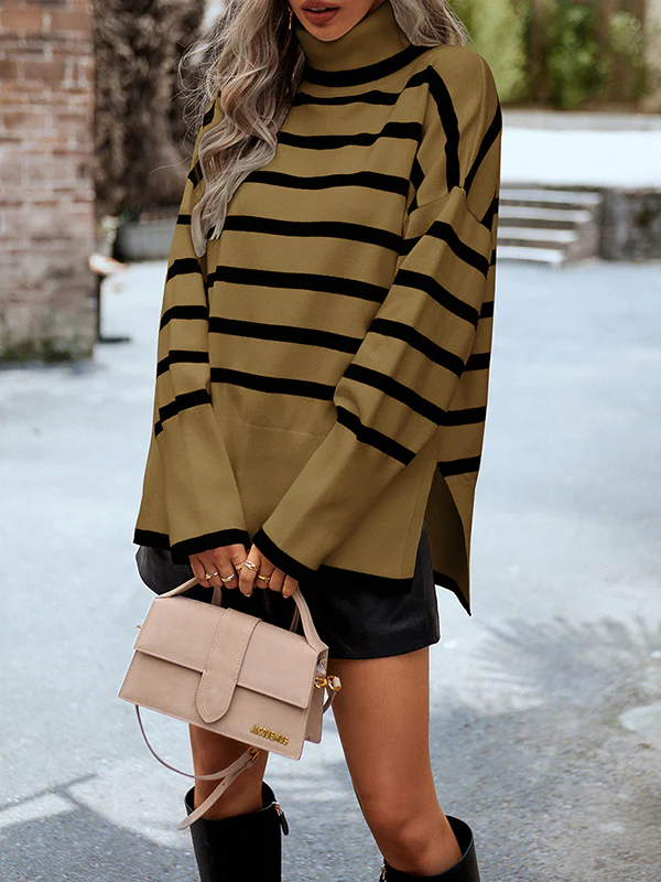 Long Sleeves Loose Contrast Color Split-Side Striped High Neck Pullovers Sweater Tops - Image 5