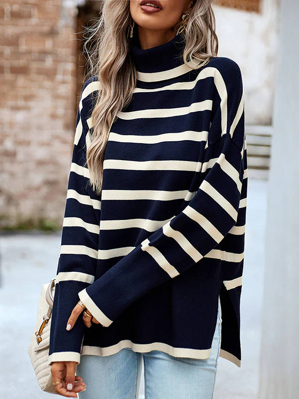 Long Sleeves Loose Contrast Color Split-Side Striped High Neck Pullovers Sweater Tops - Image 6