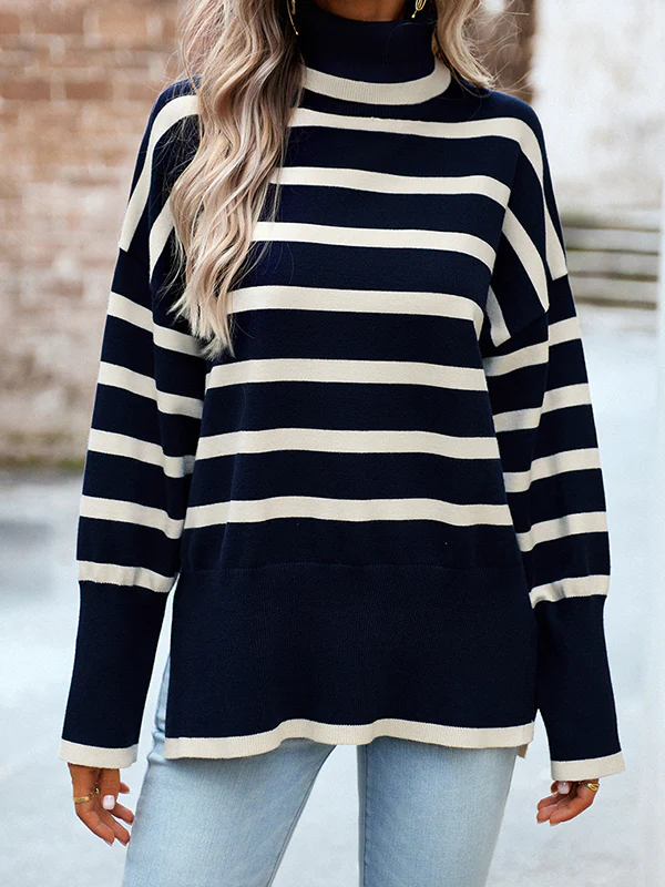 Long Sleeves Loose Contrast Color Split-Side Striped High Neck Pullovers Sweater Tops - Image 7
