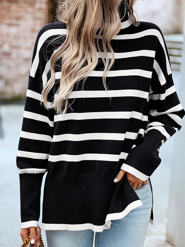 Long Sleeves Loose Contrast Color Split-Side Striped High Neck Pullovers Sweater Tops - Image 8
