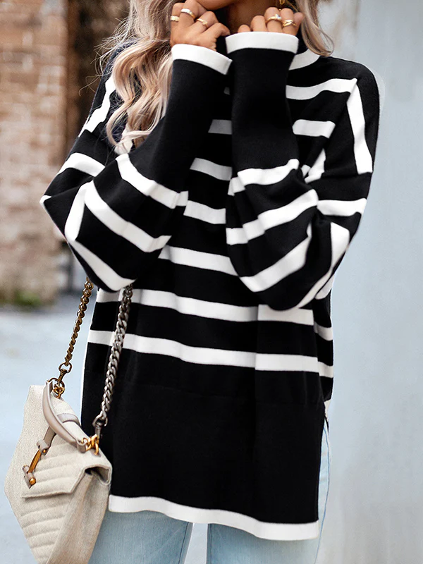 Long Sleeves Loose Contrast Color Split-Side Striped High Neck Pullovers Sweater Tops - Image 9