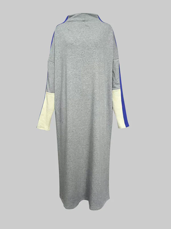 Long Sleeves Loose Contrast Color Stand Collar Maxi Dresses - Image 10