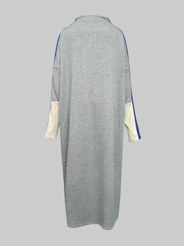 Long Sleeves Loose Contrast Color Stand Collar Maxi Dresses - Image 11