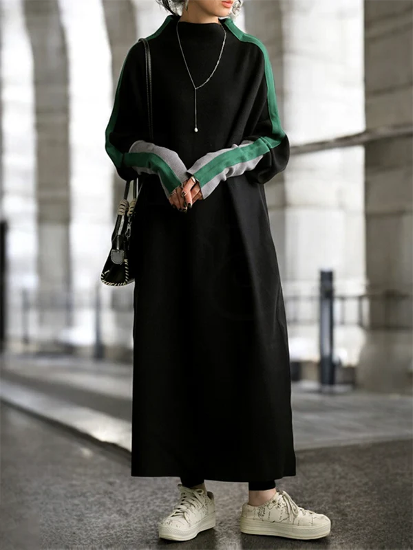 Long Sleeves Loose Contrast Color Stand Collar Maxi Dresses - Image 2