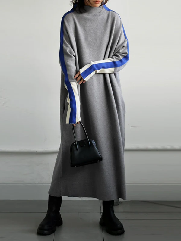 Long Sleeves Loose Contrast Color Stand Collar Maxi Dresses - Image 3