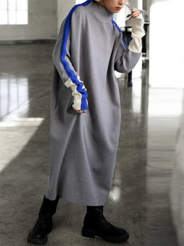 Long Sleeves Loose Contrast Color Stand Collar Maxi Dresses - Image 4