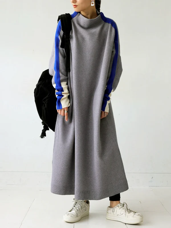 Long Sleeves Loose Contrast Color Stand Collar Maxi Dresses - Image 5