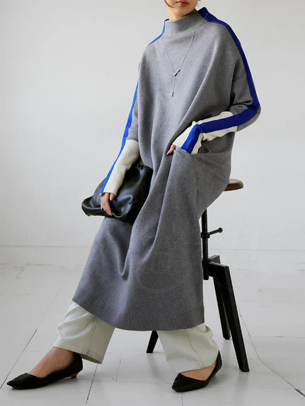 Long Sleeves Loose Contrast Color Stand Collar Maxi Dresses - Image 6