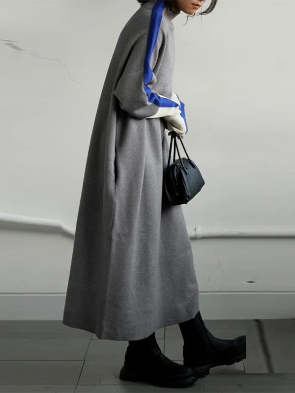 Long Sleeves Loose Contrast Color Stand Collar Maxi Dresses - Image 7