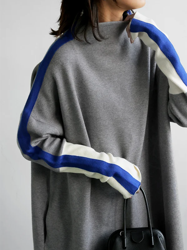 Long Sleeves Loose Contrast Color Stand Collar Maxi Dresses - Image 8
