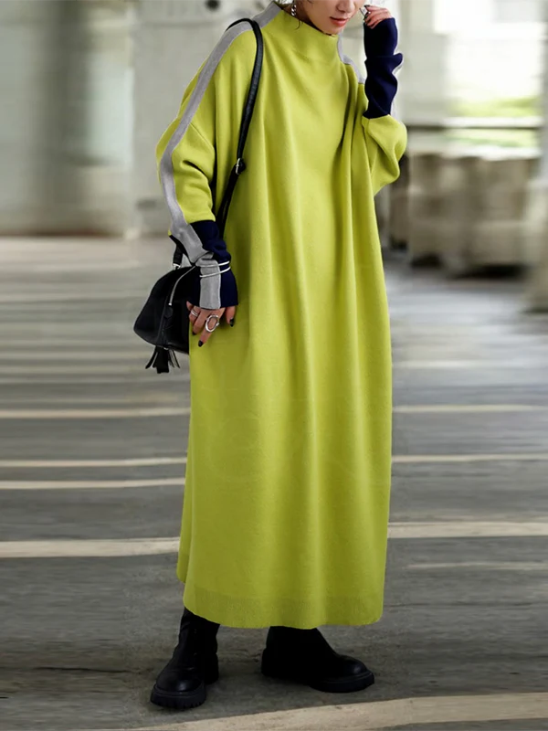 Long Sleeves Loose Contrast Color Stand Collar Maxi Dresses - Image 9