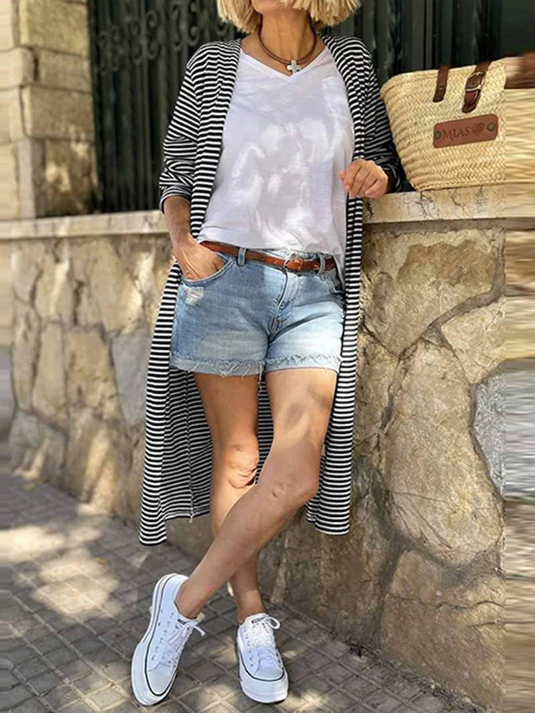Long Sleeves Loose Contrast Color Striped Collarless Cardigan Coats - Image 3
