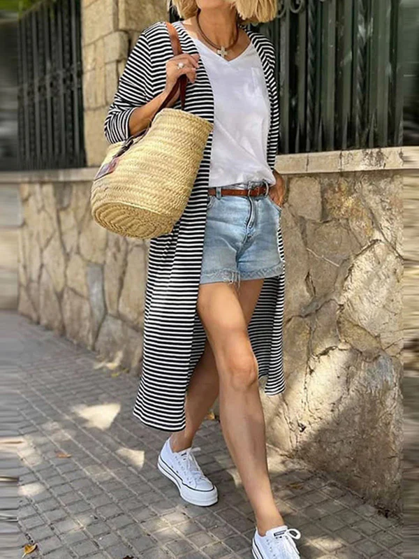 Long Sleeves Loose Contrast Color Striped Collarless Cardigan Coats - Image 4
