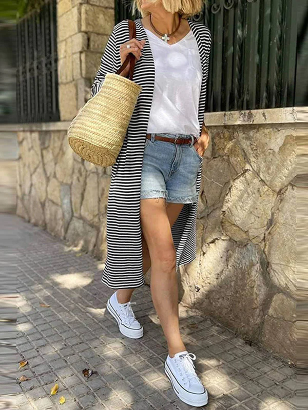 Long Sleeves Loose Contrast Color Striped Collarless Cardigan Coats - Image 5