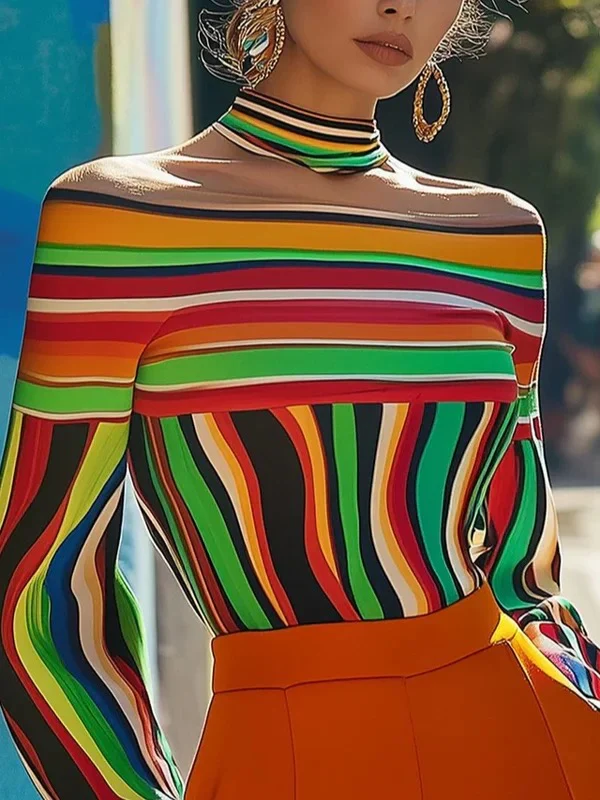 Long Sleeves Loose Contrast Color Striped Halter-Neck T-Shirts Tops - Image 2