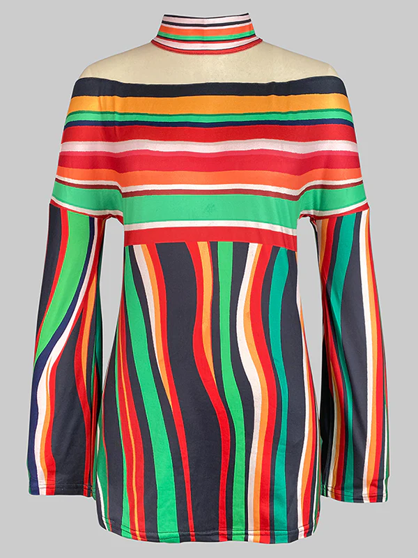 Long Sleeves Loose Contrast Color Striped Halter-Neck T-Shirts Tops - Image 4