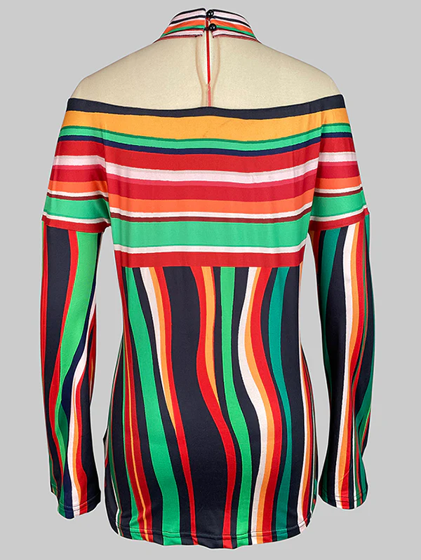 Long Sleeves Loose Contrast Color Striped Halter-Neck T-Shirts Tops - Image 5