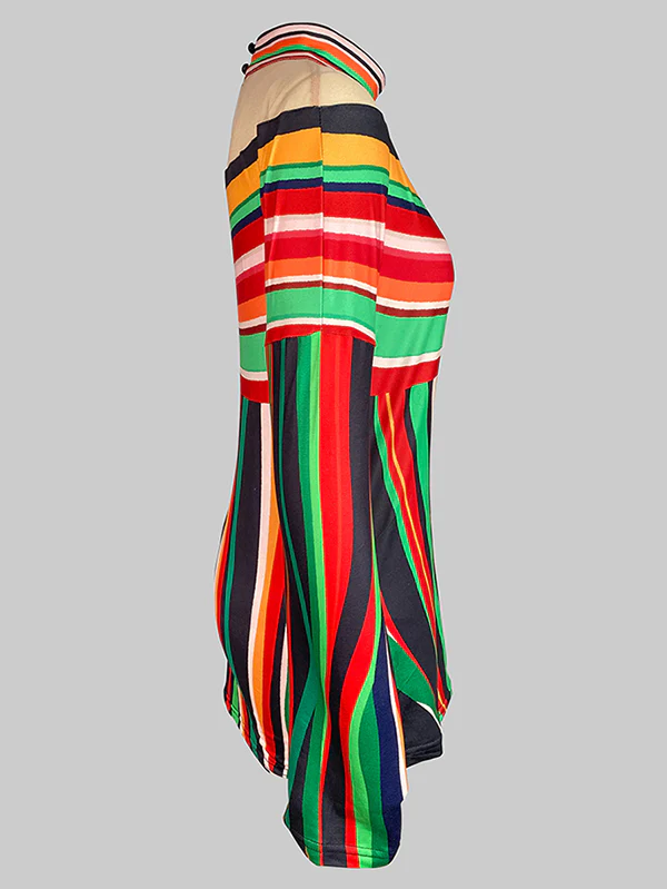 Long Sleeves Loose Contrast Color Striped Halter-Neck T-Shirts Tops - Image 6