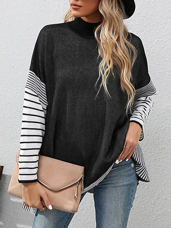 Long Sleeves Loose Contrast Color Striped Mock Neck Pullovers Sweater Tops - Image 2