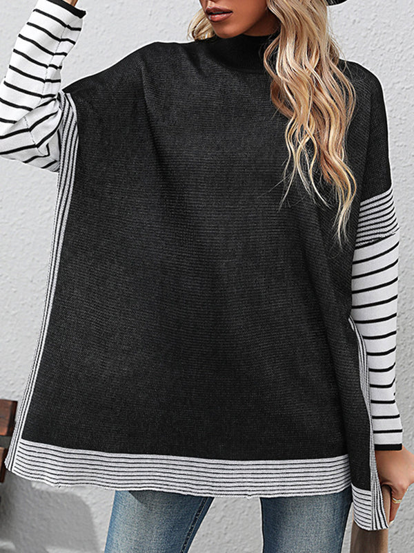 Long Sleeves Loose Contrast Color Striped Mock Neck Pullovers Sweater Tops - Image 3