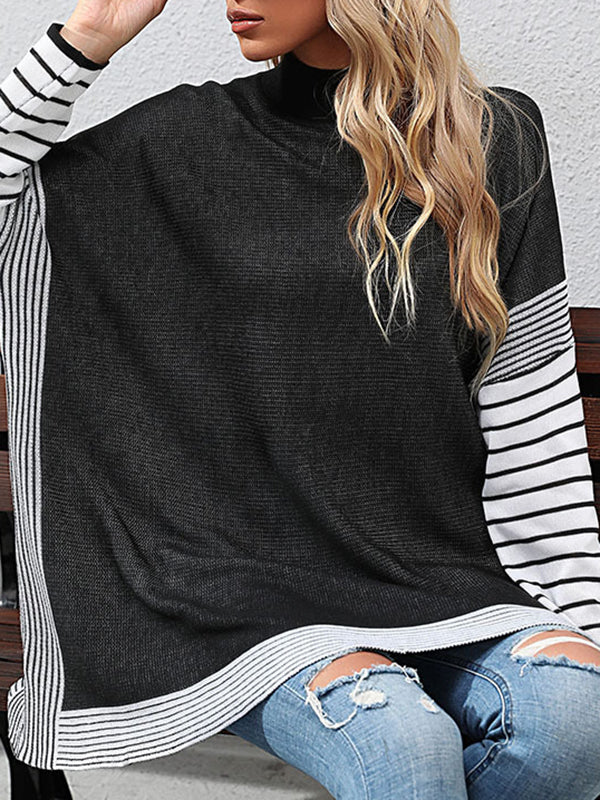 Long Sleeves Loose Contrast Color Striped Mock Neck Pullovers Sweater Tops - Image 4