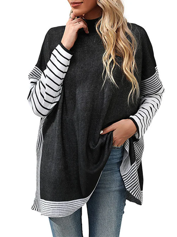 Long Sleeves Loose Contrast Color Striped Mock Neck Pullovers Sweater Tops - Image 5