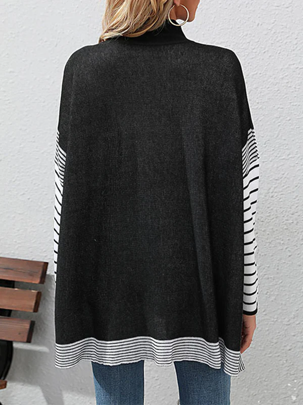 Long Sleeves Loose Contrast Color Striped Mock Neck Pullovers Sweater Tops - Image 6