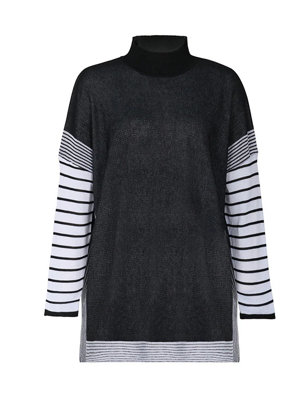 Long Sleeves Loose Contrast Color Striped Mock Neck Pullovers Sweater Tops - Image 7