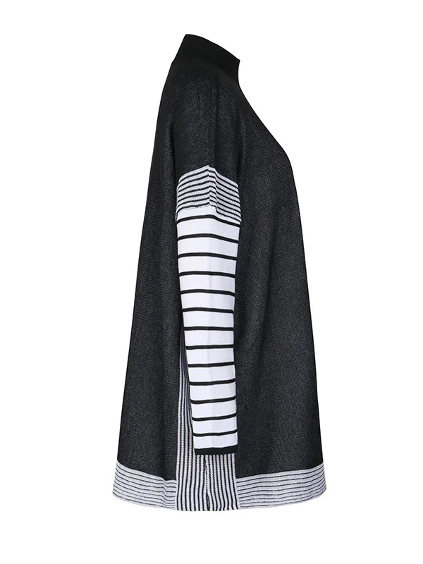 Long Sleeves Loose Contrast Color Striped Mock Neck Pullovers Sweater Tops - Image 8