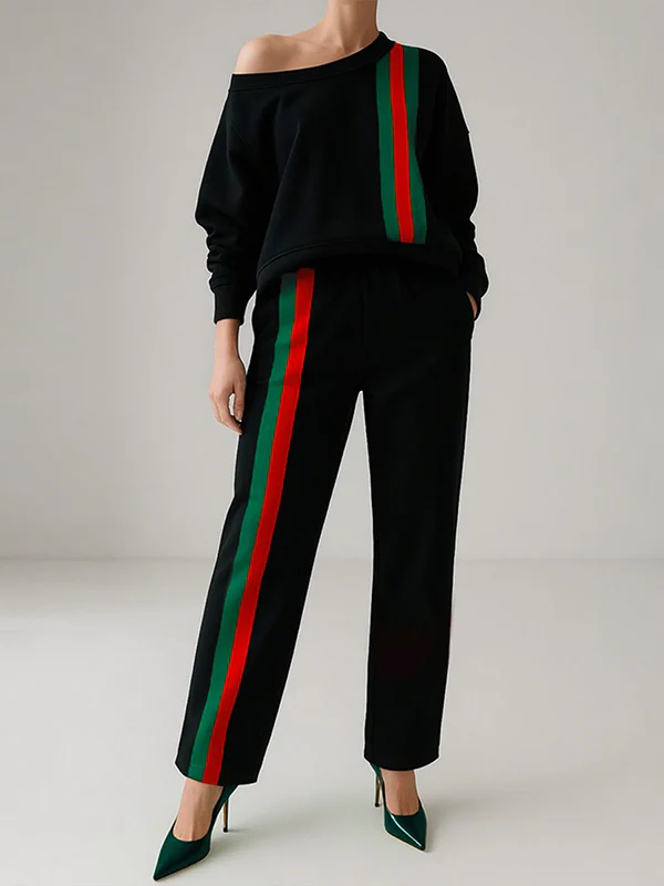 Long Sleeves Loose Contrast Color Striped One-Shoulder Sweatshirt Tops - Image 2