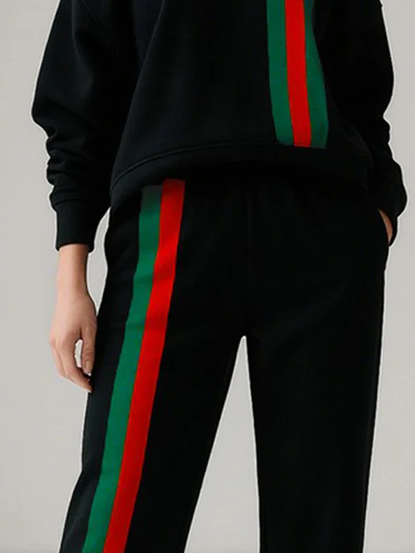 Long Sleeves Loose Contrast Color Striped One-Shoulder Sweatshirt Tops - Image 3