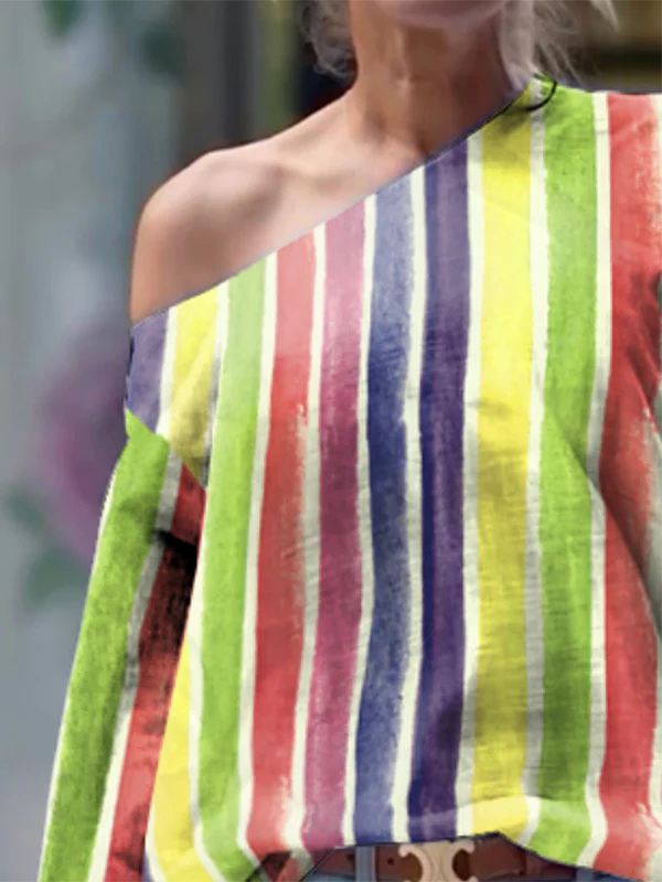Long Sleeves Loose Contrast Color Striped One-Shoulder T-Shirts Tops - Image 2