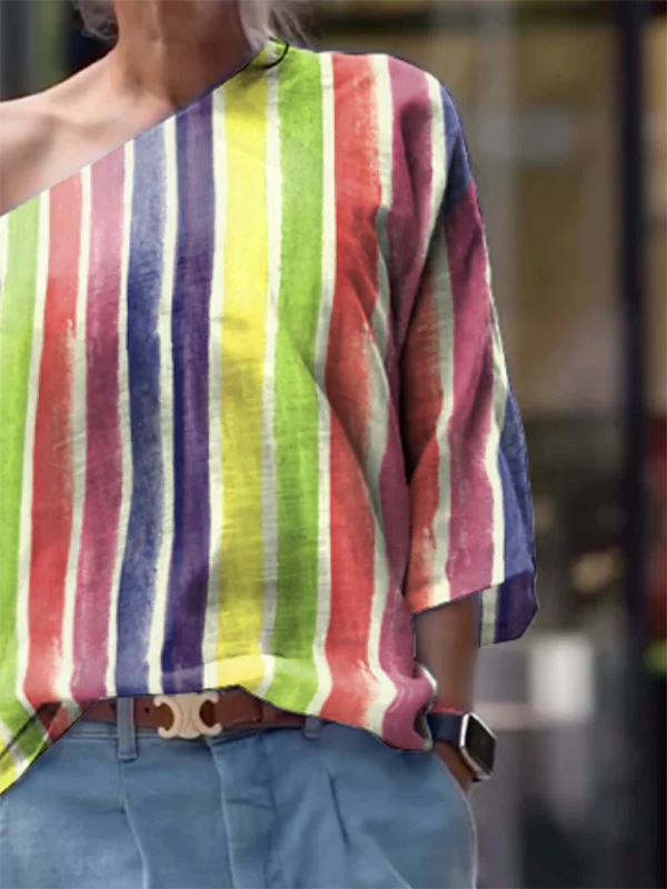 Long Sleeves Loose Contrast Color Striped One-Shoulder T-Shirts Tops - Image 3