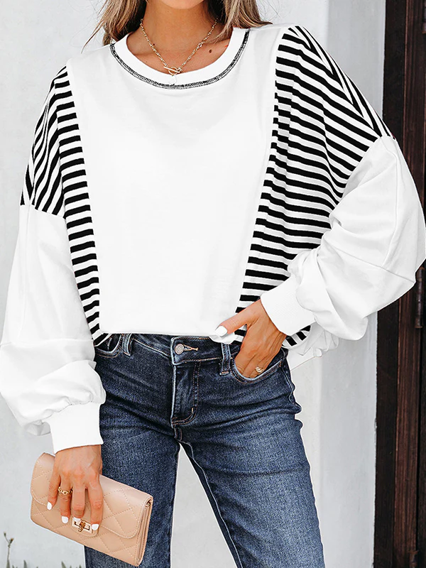 Long Sleeves Loose Contrast Color Striped Round-Neck Sweatshirt Tops - Image 2