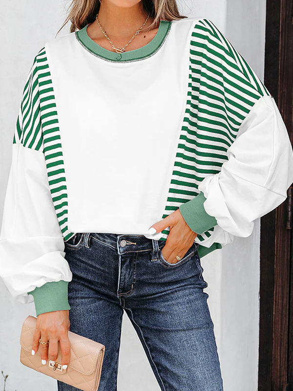 Long Sleeves Loose Contrast Color Striped Round-Neck Sweatshirt Tops - Image 3