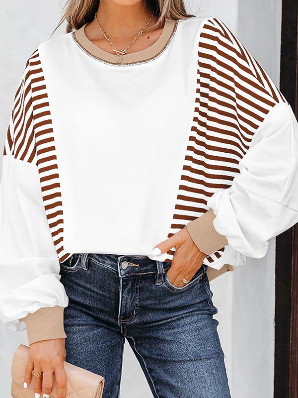 Long Sleeves Loose Contrast Color Striped Round-Neck Sweatshirt Tops - Image 4