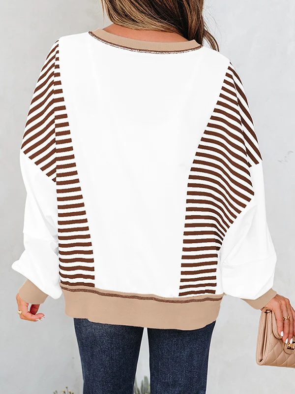 Long Sleeves Loose Contrast Color Striped Round-Neck Sweatshirt Tops - Image 5