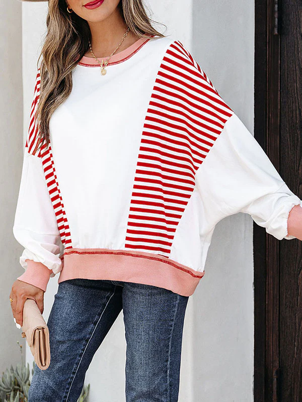 Long Sleeves Loose Contrast Color Striped Round-Neck Sweatshirt Tops - Image 6