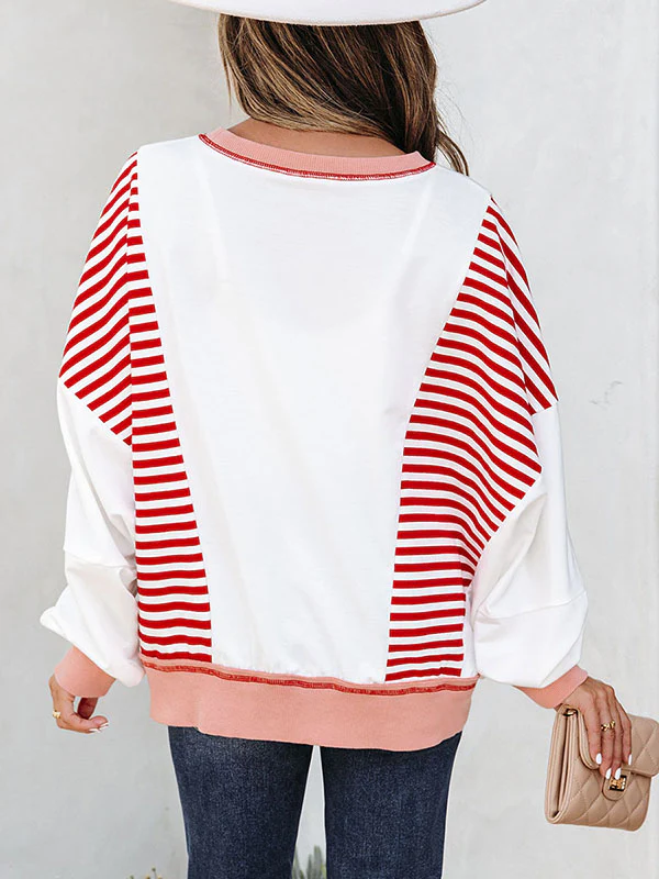 Long Sleeves Loose Contrast Color Striped Round-Neck Sweatshirt Tops - Image 7