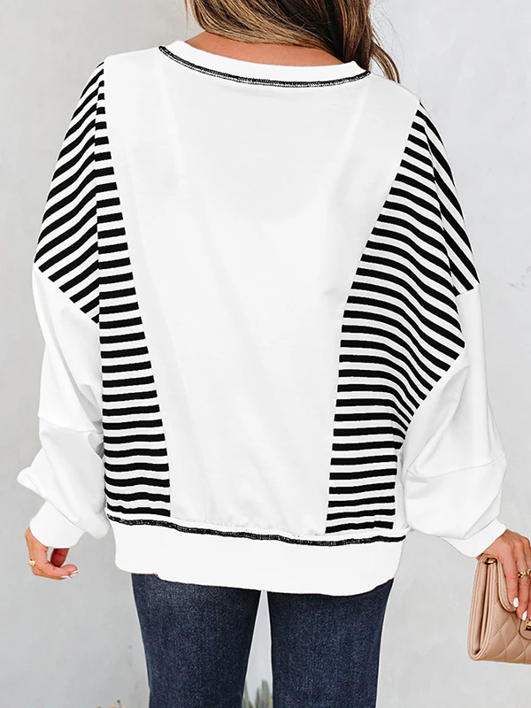 Long Sleeves Loose Contrast Color Striped Round-Neck Sweatshirt Tops - Image 8
