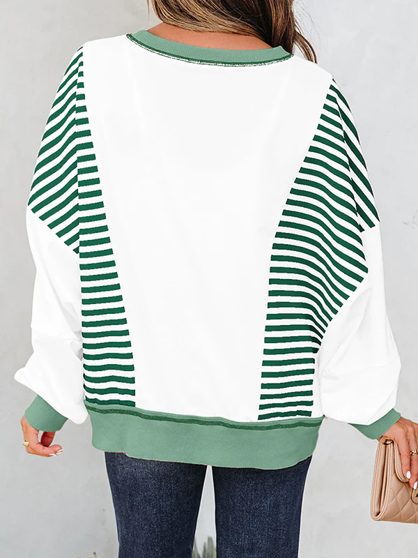 Long Sleeves Loose Contrast Color Striped Round-Neck Sweatshirt Tops - Image 9