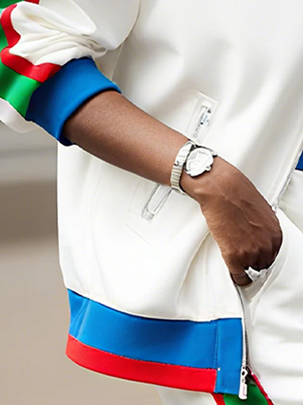 Long Sleeves Loose Contrast Color Striped Zipper Lapel Outerwear - Image 3