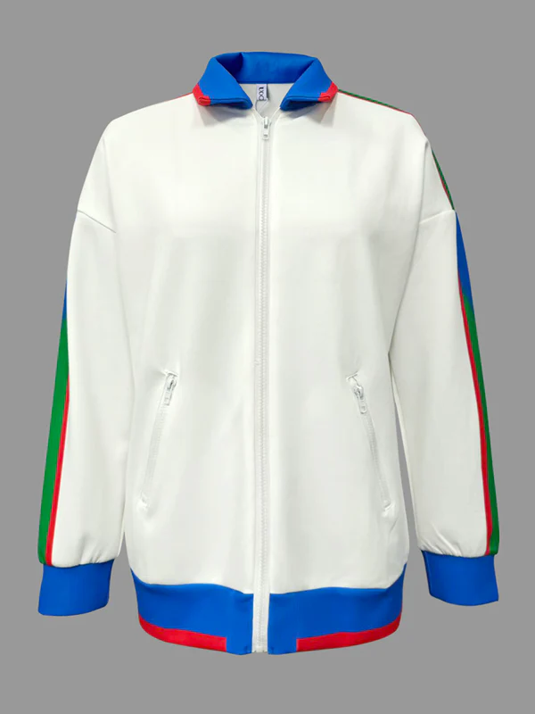 Long Sleeves Loose Contrast Color Striped Zipper Lapel Outerwear - Image 4