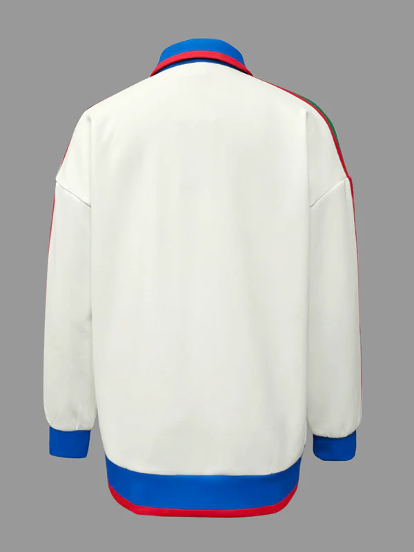 Long Sleeves Loose Contrast Color Striped Zipper Lapel Outerwear - Image 5