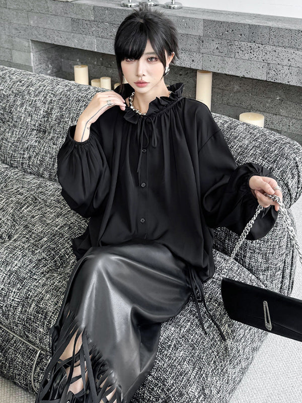 Long Sleeves Loose Drawstring Pleated Pullover Design Solid Color Lace Collar Blouses&Shirts Tops - Image 10