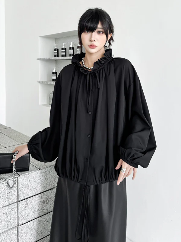Long Sleeves Loose Drawstring Pleated Pullover Design Solid Color Lace Collar Blouses&Shirts Tops - Image 11