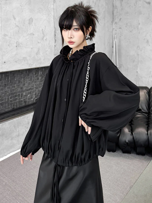Long Sleeves Loose Drawstring Pleated Pullover Design Solid Color Lace Collar Blouses&Shirts Tops - Image 12