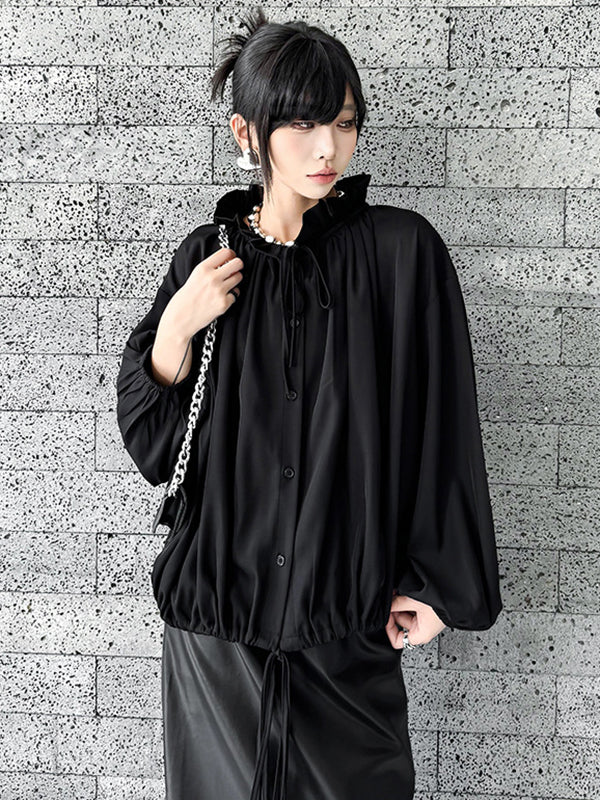 Long Sleeves Loose Drawstring Pleated Pullover Design Solid Color Lace Collar Blouses&Shirts Tops - Image 13